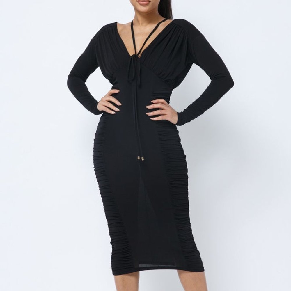 Womens Black Long Sleeve V Neck Front Back Ruching On Sides Chest Midi Dress NWT
